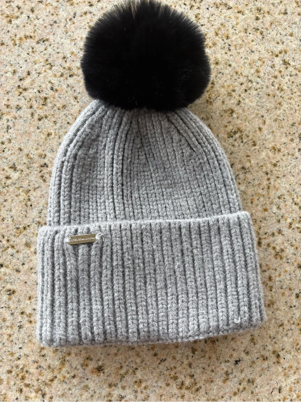 Steve Madden Gray Ribbed Knit Beanie with Logo Tag